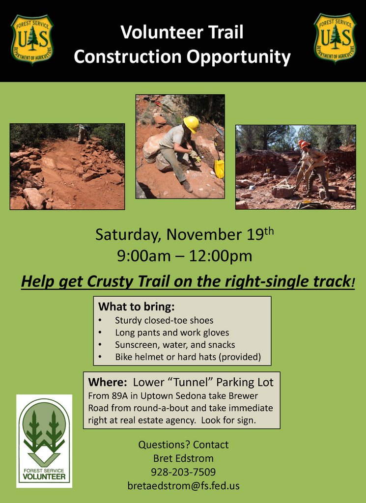 Volunteer #trail work day on Crusty Trail! Saturday, November 19 9AM-12PM 🚵🏽‍♀️ #Sedona 👣 Details
bit.ly/2fGEZr8