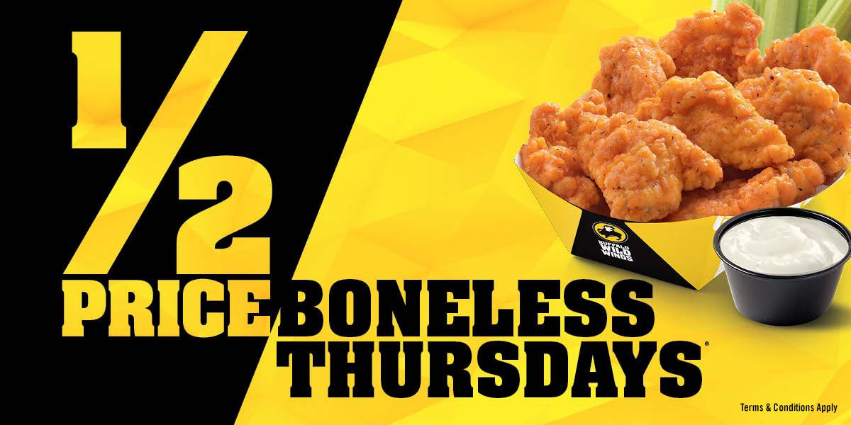 Buffalo Wild Wings 在Twitter 上："Thursday just became your new day. Check 1/2 Boneless Thursdays. full details: https://t.co/w9cwRoLhIz https://t.co/6pbsfz0dxW" / Twitter