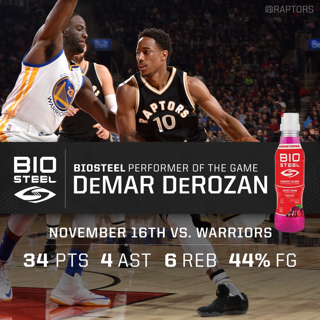 Raptors's tweet photo. Another 30+ point game for DeMar. He is your @BioSteelSports Performer of the Game. https://t.co/JdERIDJo1n