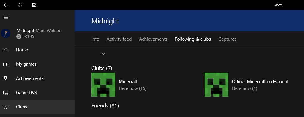 ¿Juegas a Minecraft en Xbox, Win10 o PE? Busque "Minecraft" en su aplicación Xbox para encontrar estos dos clubes oficiales: