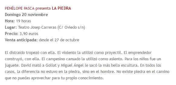 Teatro | 'La Piedra'. A las 19:00h en el teatro Josep Carreras de #Fuenlabrada