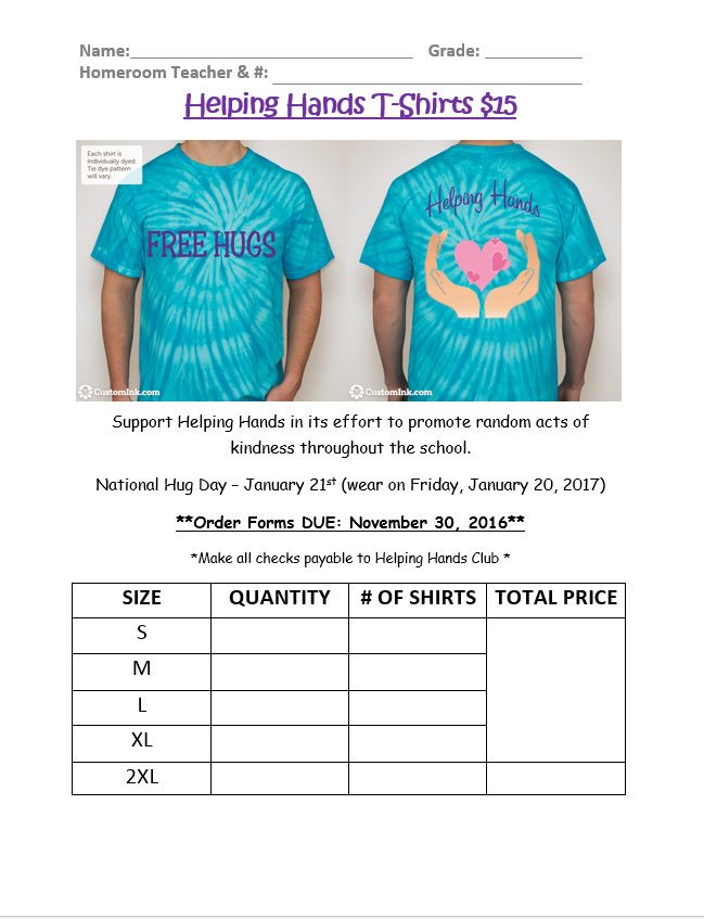 Purchase a "Free Hugs" Tshirt ($15) and help promote our random acts of kindness throughout the school ❤️ #ObhsHelpingHands