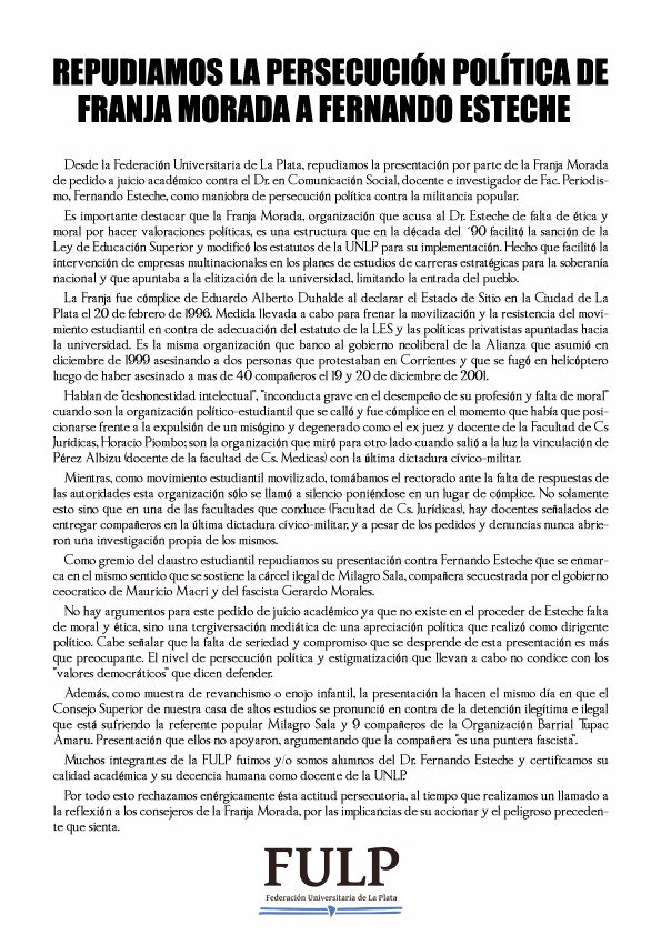 FPMilagroSala's tweet photo. Documento en repudio a la persecución política al docente e investigador @estechefernando https://t.co/3EAS9yJkAp