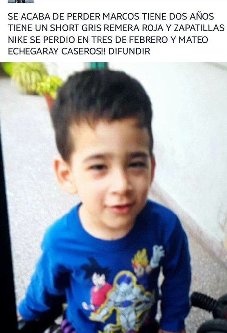 Urgente! Nene perdido si sabes algo, comunicate urgente con sus papás Dahiana y Emanuel a este número