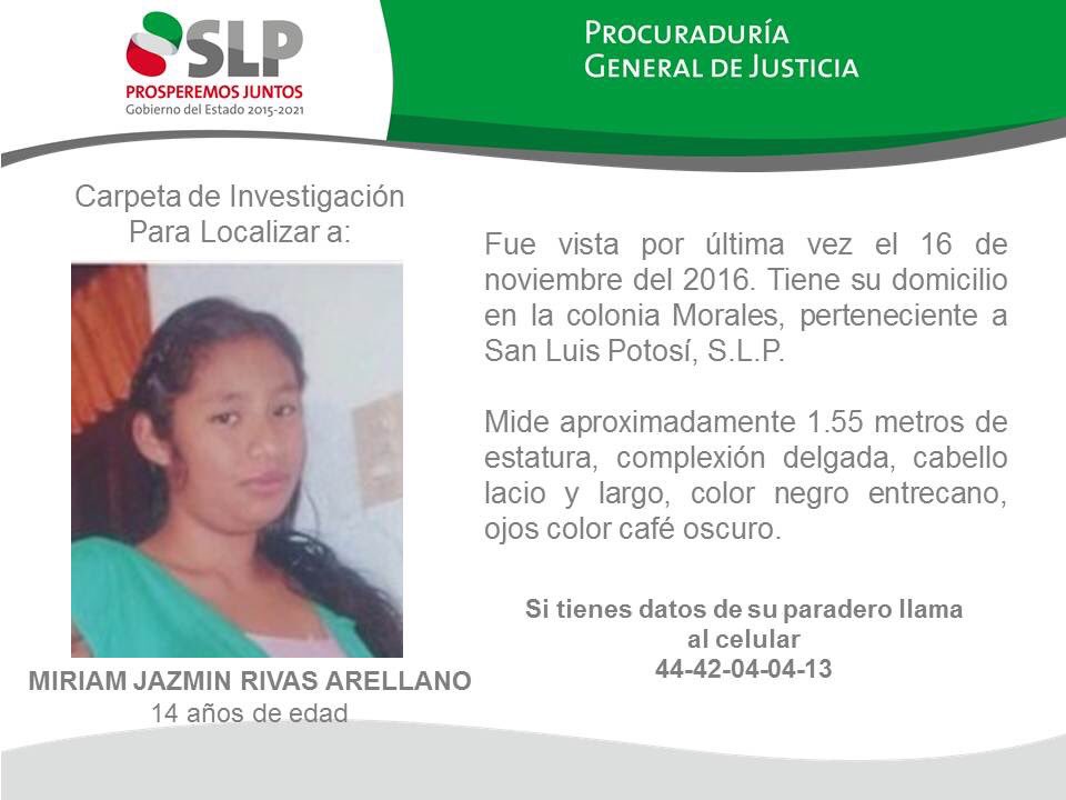 OSWALDORIOSM's tweet photo. Otra jovencita desapreció hoy en San Luis Potosí. 
Miriam Jazmin Rivas Arellano (14 años).
RT por favor. https://t.co/unCJcKI7n8