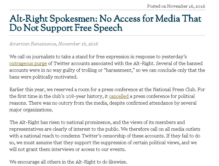kennethlipp's tweet image. This headline is mind-boggling -- &quot;Alt-Right Spokesmen: No Access for Media That Do Not Support Free Speech&quot;