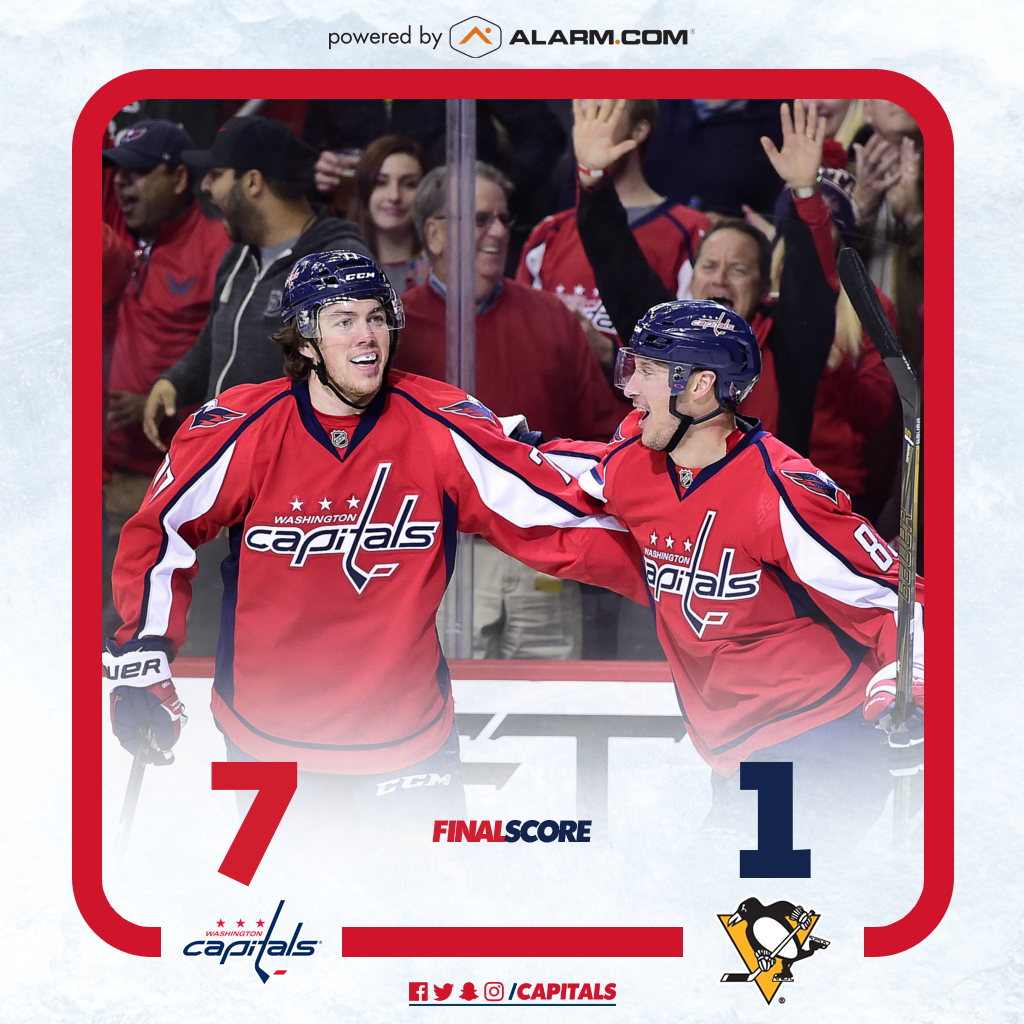 Capitals's tweet photo. FINAL SCORE powered by @AlarmDotCom : #Caps 7 - Penguins 1 #CapsPens #RockTheRed https://t.co/PrPkPsQlFm