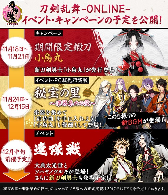 刀剣乱舞 Online 運営 V Twitter イベント キャンペーンの予定公開 11月中旬 17年1月までのイベント キャンペーンの予定を公開いたします 詳細はお知らせをご確認ください