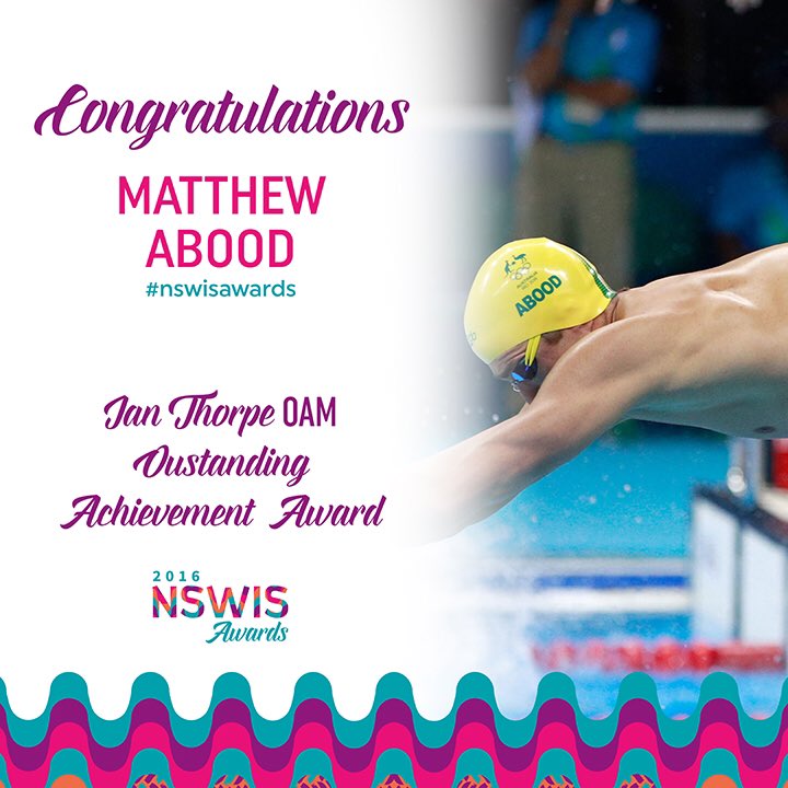 NSWIS's tweet photo. 3rd award tonight, a very popular one - @IanThorpe OAM Outstanding Achievement goes to @MattAbood - he IS Mr persistent! #nswisawards https://t.co/ge3rmYgnVN
