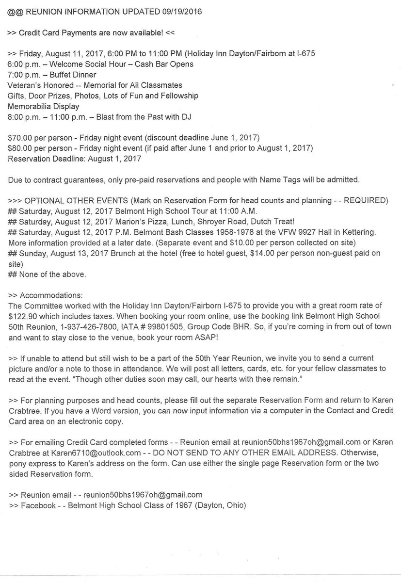 1967 Graduating Class from Belmont H.S., Dayton, OH is looking for fellow classmates for the 50th Reunion.  Need email, home address or both