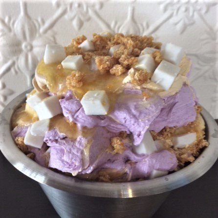 HALO HALO - Leche flan gelato swirled with ube and coconut sorbet, smashed with jackfruit puree, coconut jelly and puffed rice.