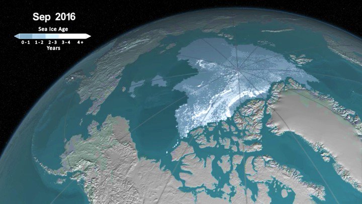 Slate's tweet photo. Chilling NASA video shows Arctic ice vanish over the span of 30 years: https://t.co/UMtvgG3JzS https://t.co/zBCpmTkSKT