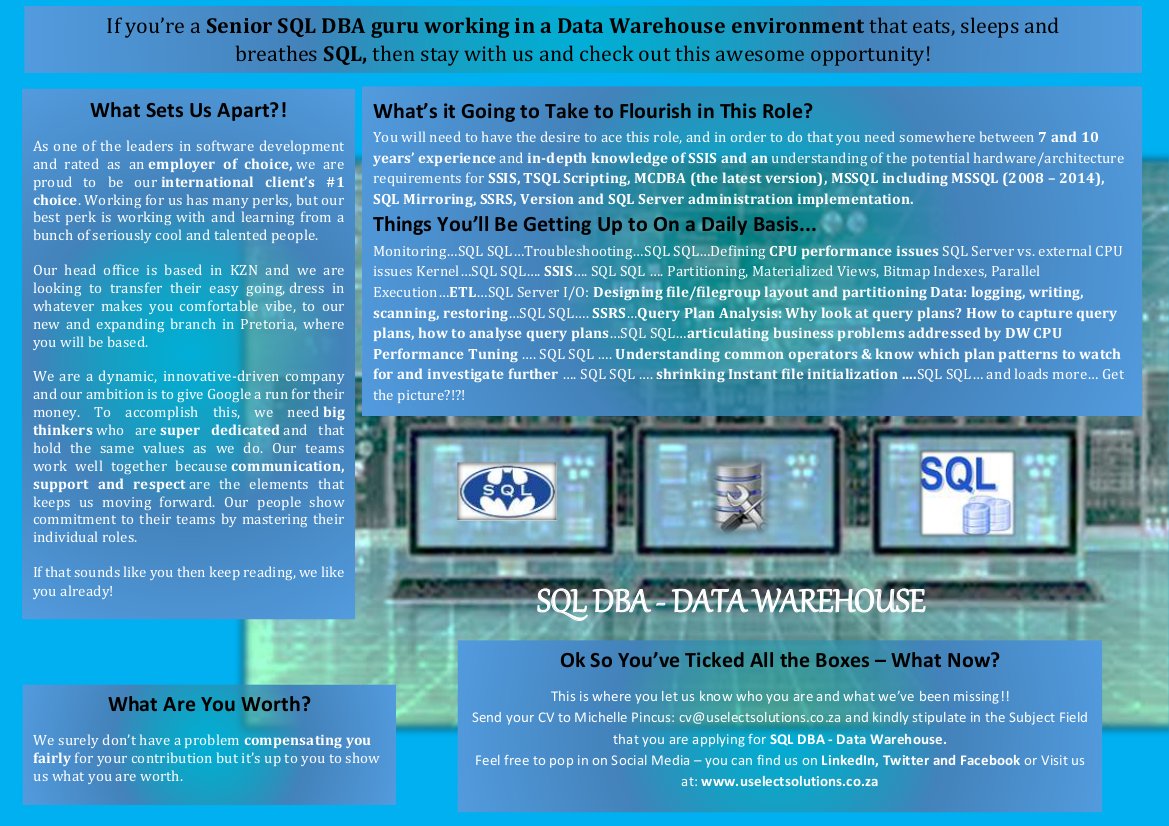 U_Select's tweet image. Looking for SQL DBA&apos;s working in a Data Warehouse Environment to come work in our Hip and Happening environment.#SQLServer #Database