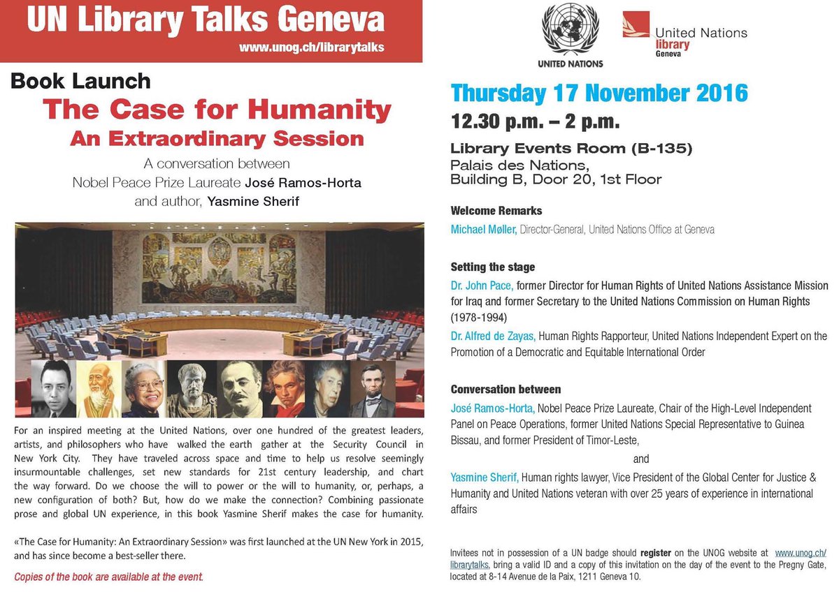 UN Library&Archives Geneva (@unoglibrary) on Twitter photo Are you at <a href="/UNGeneva/">United Nations Geneva</a> today? At 12h30 join us for an interesting book launch, w/ <a href="/YasmineSherif1/">Yasmine Sherif</a> & José Ramos-Horta. Are you at <a href="/UNGeneva/">United Nations Geneva</a> today? At 12h30 join us for an interesting book launch, w/ <a href="/YasmineSherif1/">Yasmine Sherif</a> & José Ramos-Horta.