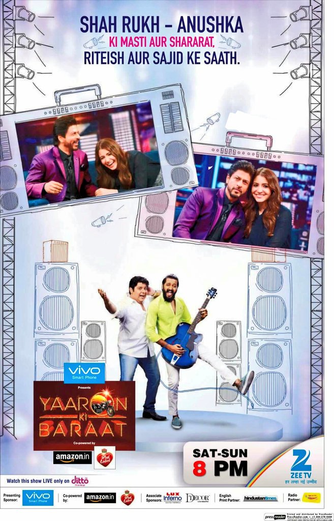 YaaronKiBaraat's tweet photo. This Saturday @SimplySajidK &amp; @Riteishd Will celebrate the YAARI of @iamsrk &amp; @AnushkaSharma on
#Yaaronkibaraat 8PM only on @ZeeTV... https://t.co/XrfQOOrMH1