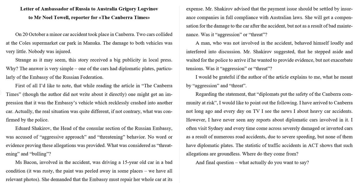 RusEmbAU's tweet photo. Letter of Ambassador of Russia Grigory #Logvinov
to @noeltowell (@canberratimes) regarding car accident-https://t.co/H4iVNZGKoN https://t.co/gCa7Qt00FV