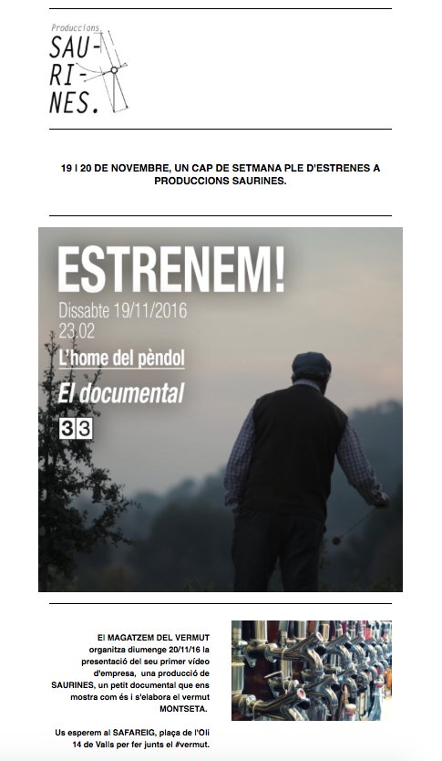 Cap de setmana d'estrenes a <a href="/saurinesdocs/">Produccions Saurines</a>, dissabte @lhomedelpendol a <a href="/canal_33/">Canal 33</a> i diumenge al <a href="/ElSafareig_/">El Safareig</a> la  1a promo del <a href="/magatzemvermut/">Magatzem del Vermut</a>