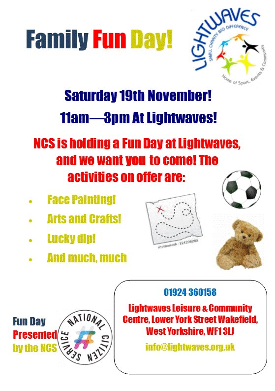 Come along to our Family Fun Day on Saturday 19th November 11am - 3pm at Lightwaves. Please share the message !!