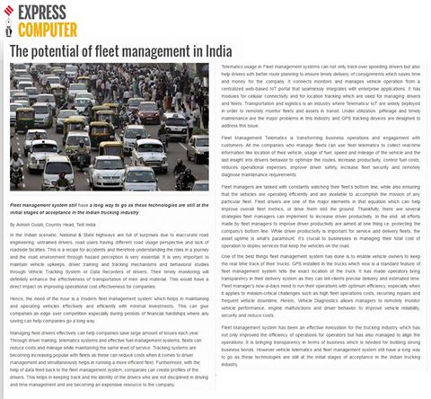 Telit_India's tweet photo. The Potential of fleet management in india.
@Telit_India #expresscomputer #articlecoverage #telematics #iot https://t.co/EvnUpdl2Od