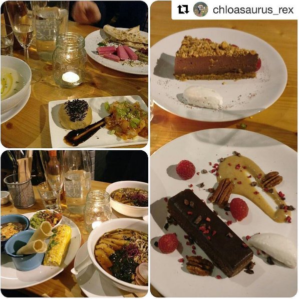 Instagram repost of a serious #vegan #Wildebeest feast - babaghanoush, steamed bun &amp; kimchi, ramen, Mex, choc espresso torte &amp; raw brownie!