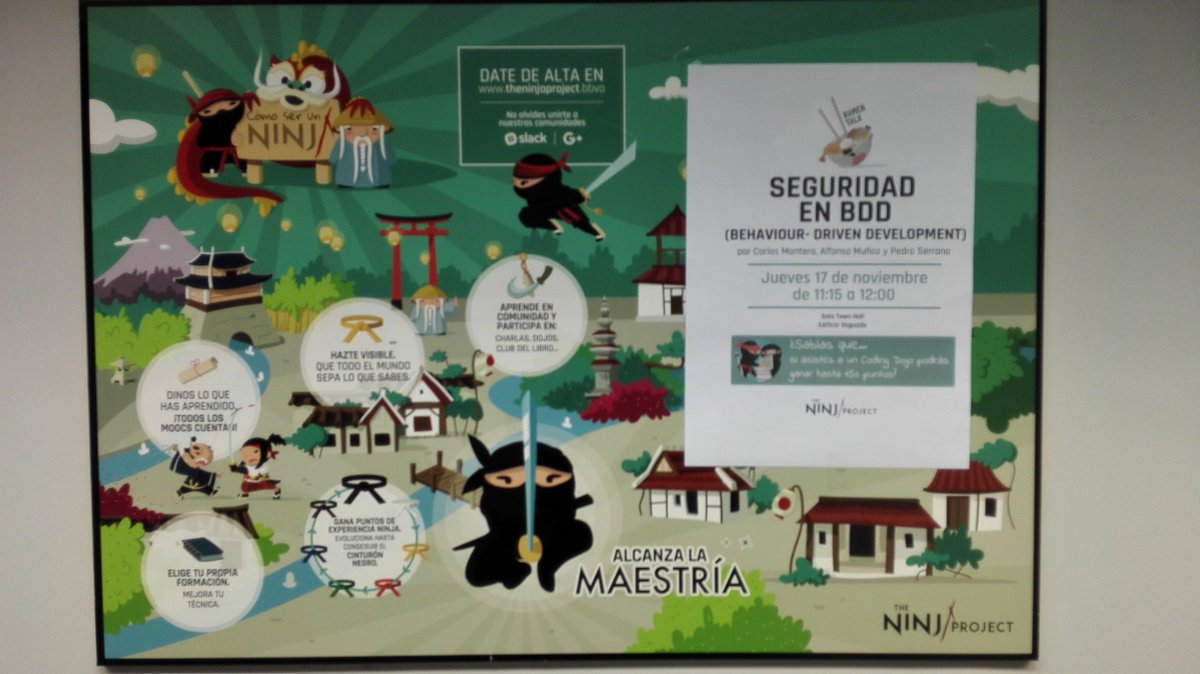 mindcrypt's tweet image. Preparando la charla de seguridad en BDD #i4s #bbva #ninjaacademy :)