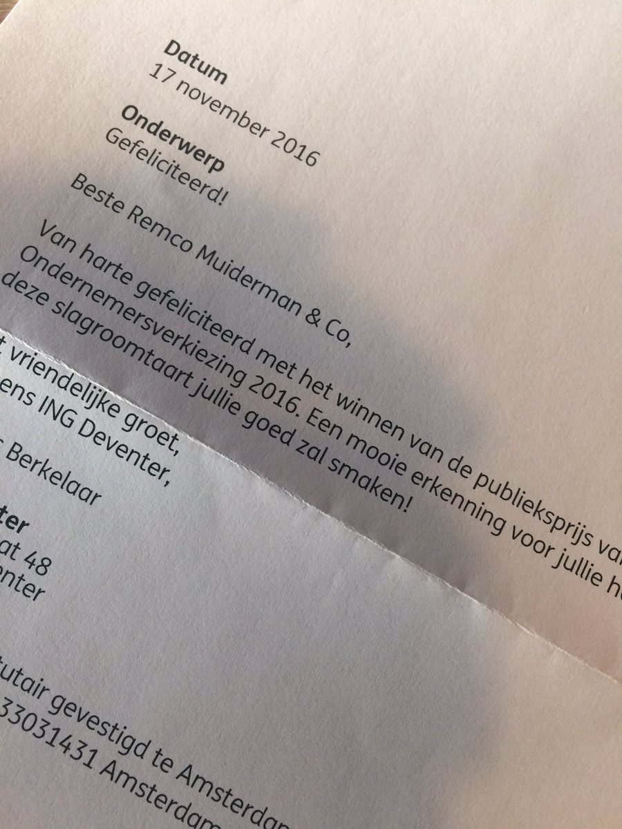 Rabo Publieksprijs bekroond met een lekkere felicitatie van ING. Dank jullie wel! Zo kan het ook! #DEVENTER #ingdeventer