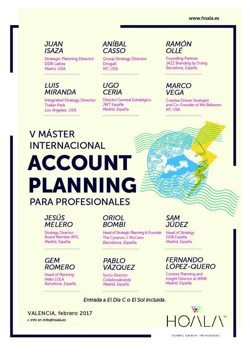 Abierto el periodo de inscripción del Máster en Account Planning de <a href="/AlohaHoala/">Hoala</a>. Cartel de lujo para esta V edición: hoala.es/master-in-acco…
