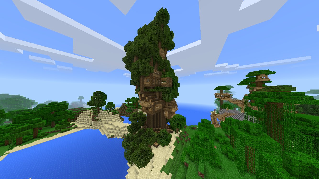 マイクラ建築紹介 ジャングル開拓日記part 9 W ﾉﾞ ｺﾝﾁｬ カイリです 今回もツリーハウスの作成をしました 根っこが上手く作れなくて歪な形になってたので 周りに木を生やしました笑 あとは各家に道を整備して完成ですね 次回はちゃんとした完成形