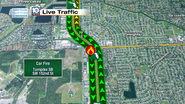 Car fire on Turnpike SB at SW 152nd St 2 right lanes blocked #traffic https://t.co/ALocO0baao