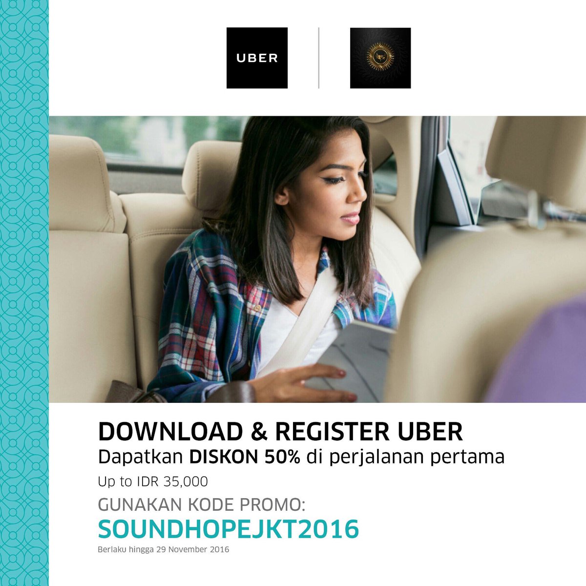 SOUNDHOPE_2016's tweet photo. Bagi kalian pengguna baru Uber, nikmati anda bersama Uber dengan diskon 50% .Caranya gunakan kode promo :  SOUNDHOPEJKT2016 cc: @Uber_IDN https://t.co/4CrCN8ifLW