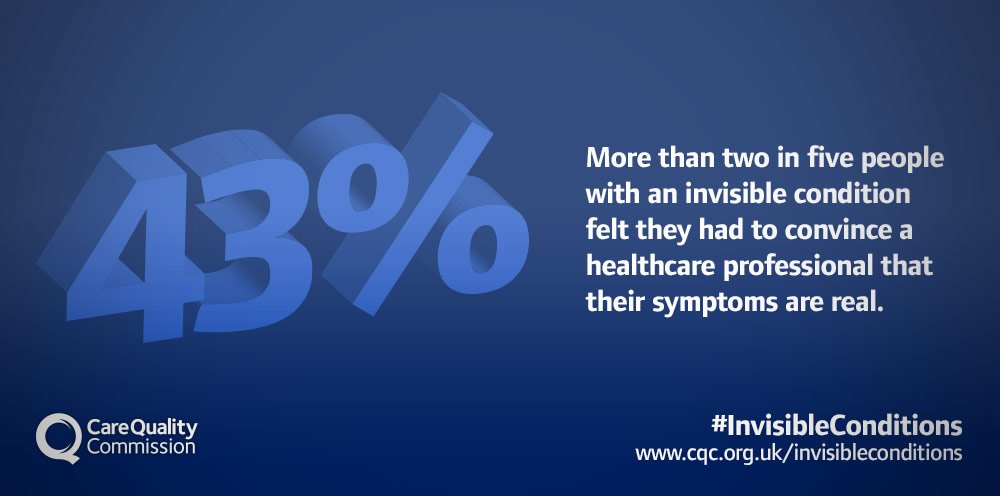 CareQualityComm's tweet photo. 43% of people with #InvisibleConditions feel they've had to convince professionals their symptoms are real: 
https://t.co/RM5uUZ32Ds https://t.co/9rVQlkHXxJ