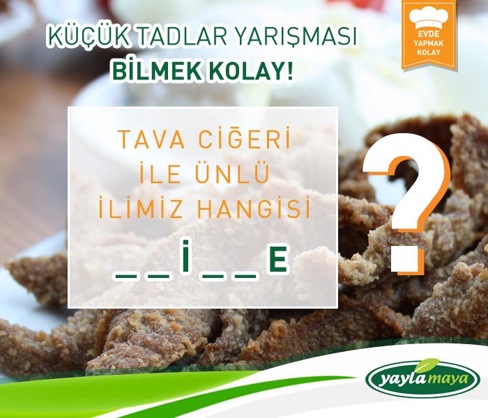 MayaYayla's tweet photo. Tava ciğeri ile ünlü ilimiz hangisi? 
Doğru cevabı veren 1 şanslı kişi “Yayla Maya Yoğurt Mayası“ kazanıyor. https://t.co/pPWHdmYNyq