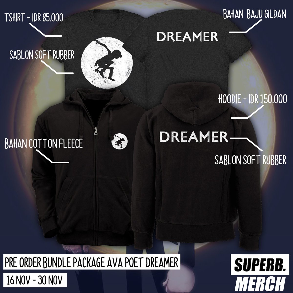 SuperbMerch's tweet image. OPEN PRE ORDER bundle package AVA POET DREAMER . IDR 220.000 ( hoodie+tshirt) . start 17 nov - 30 nov .