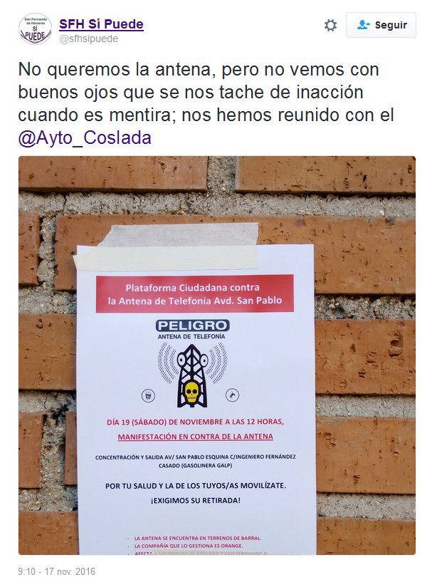 No queremos la antena, pero no vemos con buenos ojos que se nos tache de inacción cuando es mentira; nos hemos reunido con el Ayuntamiento de Coslada.