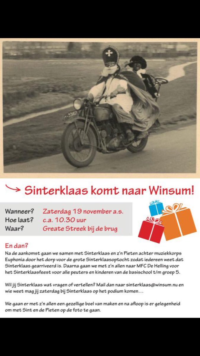 Sinterklaas komt naar #WinsumFR op 19 november 2016.