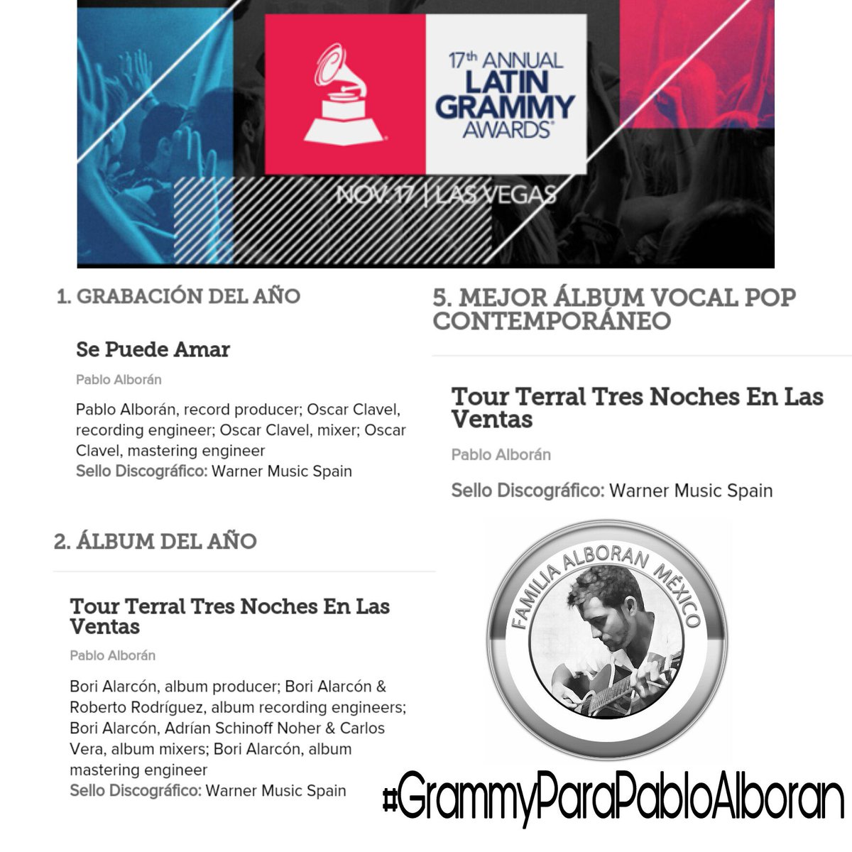 FamAlboranMex's tweet photo. Tres nominaciones, un mismo latir... Hoy y siempre toda la familia de tu mano @pabloalboran ❤
#GrammyParaPabloAlboran 
#AlboranLatinGrammy https://t.co/ddNABWzp7W