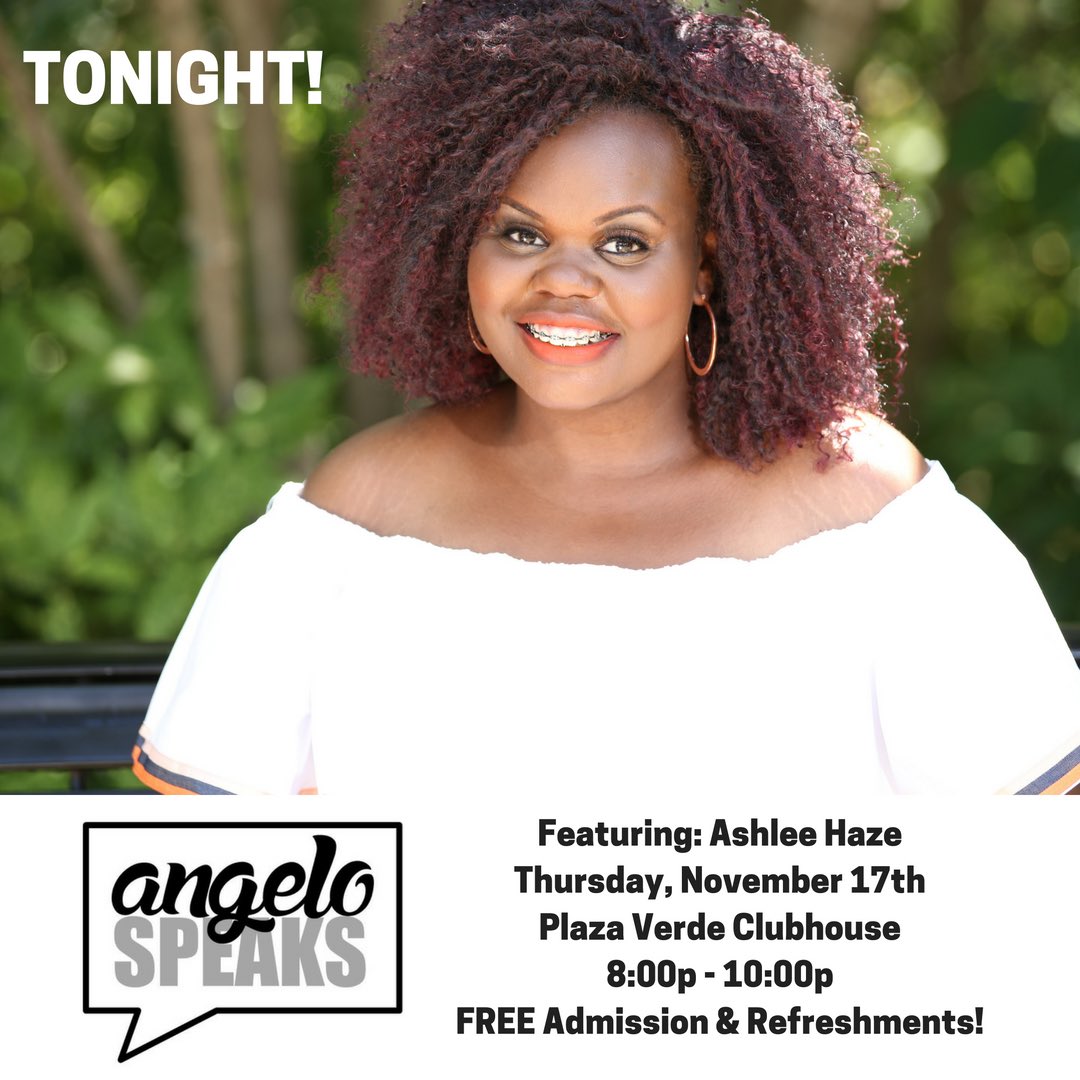 AngeloStateUCPC's tweet photo. TONIGHT! Don't miss #AngeloSpeaks w/ @AshleeHaze in the Plaza Verde Clubhouse! #AngeloState https://t.co/TFIU78MkRP