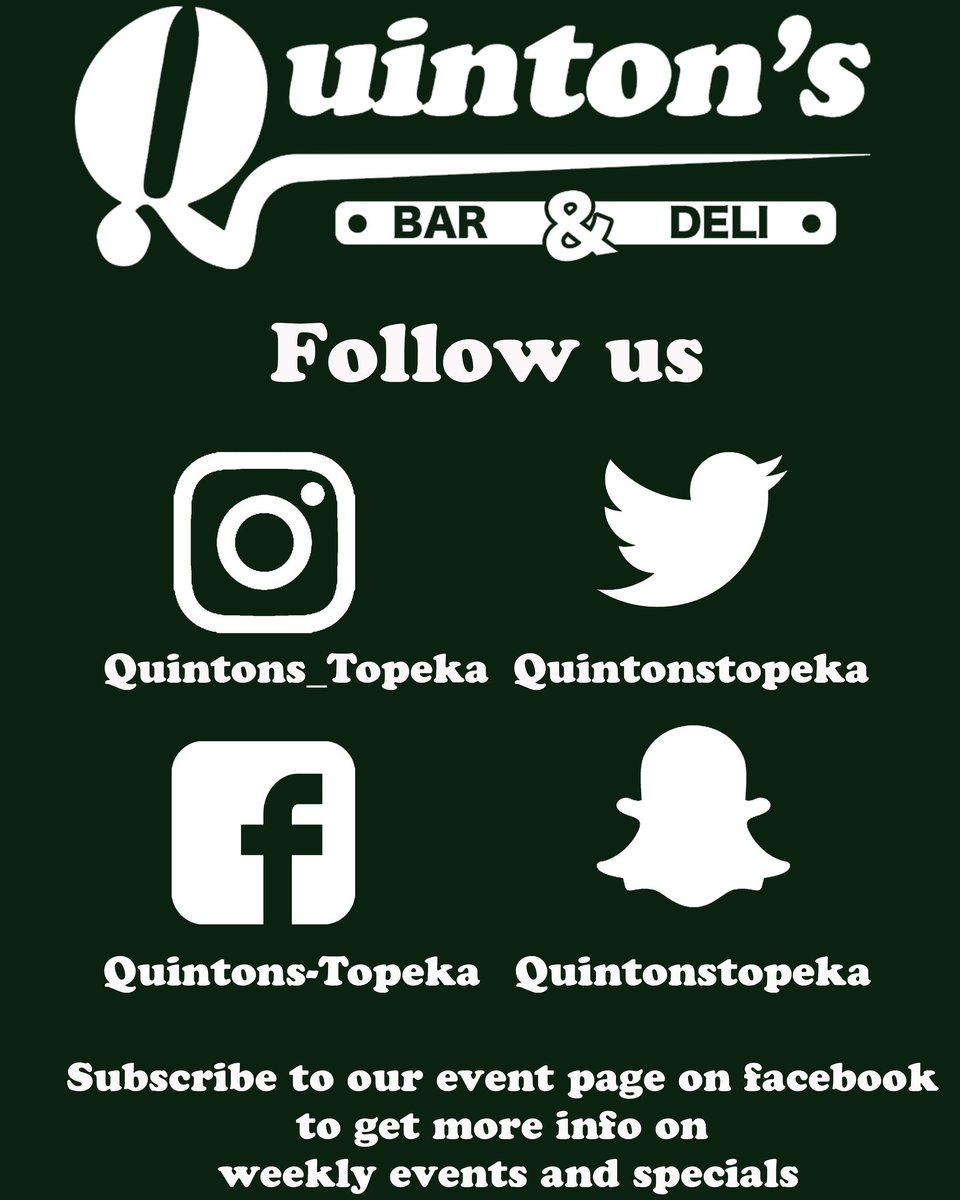 Follow <a href="/QuintonsTopeka/">Quinton's Topeka</a> on all social media now to keep up to date with weekly events and specials! #quintons #qslive #socialmedia #bar #food