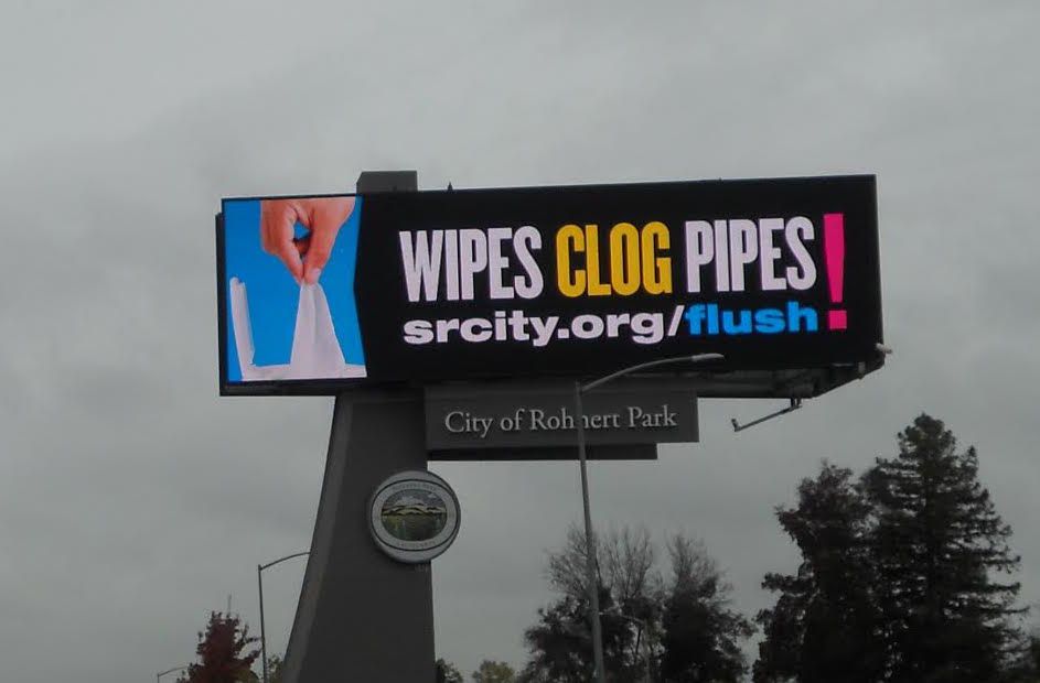 VealeOutdoor's tweet photo. Did you know wipes clog pipes? Be kind to our sewage system, don't flush trash! #srcity #trashnottoilet #notatrashcan https://t.co/Kf9kIkeCDn