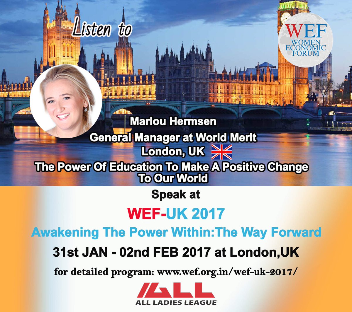 MERITMarlou's tweet photo. So excited to be a speaker at the Women Economic Forum, about the Power of Education to make a Positive Change to our World @WomenEcoForum https://t.co/1gD0T2A79p