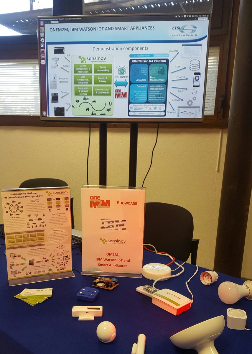 oneM2M's tweet photo. Smart appliance demonstrator at #etsim2m workshop shows @sensinov @oneM2M architecture integration with @IBMWatson data analytics https://t.co/2KmqRcluKU