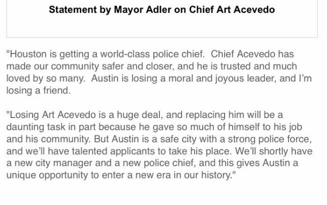 MayorAdler's tweet photo. Houston is getting a world-class police chief. Austin is losing a moral and joyous leader, and I’m losing a friend. https://t.co/5aZ4YiguCf