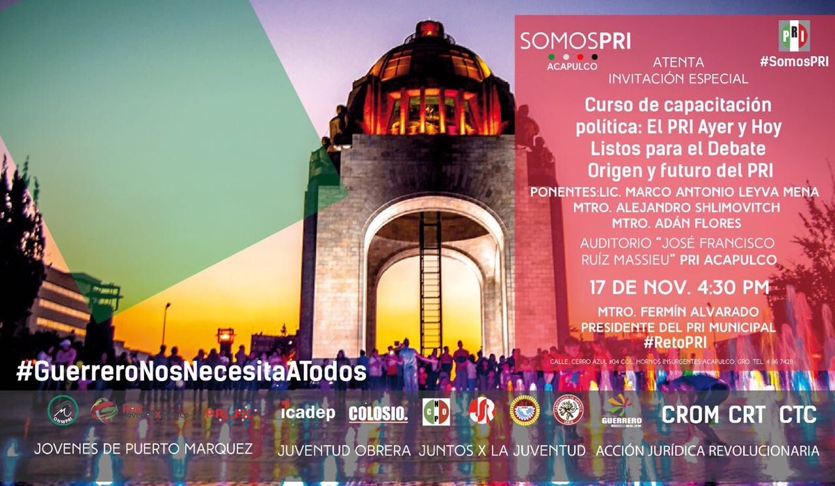 PRIMX_Aca's tweet photo. @_PRIAcapulco te invita a ser parte del #RetoPRI con el Curso de Capacitación Política. Asiste el 17 de Nov a las 4:30pm. @_FerminAlvarado https://t.co/oamsoIRcMc
