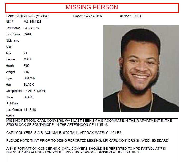 KHOU's tweet photo. Here is the missing person flyer for the son of Congressman John Conyers; police searching near his apartment now -> https://t.co/BqJNGbh4Ef https://t.co/z93z9YKr6A
