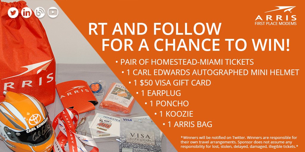 ARRIS's tweet photo. Excited about #TheChase? Four lucky winners may win a @HomesteadMiami #CarlEdwards prize pack today! Just RT and FOLLOW now to enter! https://t.co/cdCAkXNI77