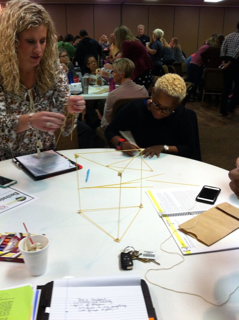smartinteacher's tweet photo. T. Leaders practicing Engagement w the Marshmallow challenge @DrRussQ #ctla16 https://t.co/pU98NSRjXd