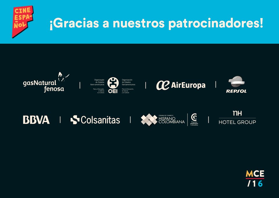 MuestraCineEsp's tweet photo. Mil y mil gracias a nuestros patrocinadores por hacer posible la #MCE2016 ¡Nos vemos en 2017! #AbreTusOjos #5AñosConectados https://t.co/JfJrJp0vb4