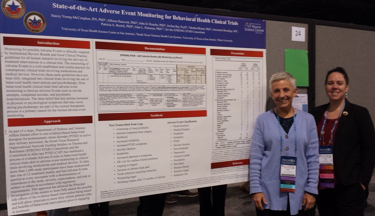 strongstar_ptsd's tweet photo. STRONG STAR's Stacey Young-McCaughan & Allison Hancock w poster on adverse event monitoring for behavioral clin. trials @primrconnect #AER16 https://t.co/ZEpG2QIt5I