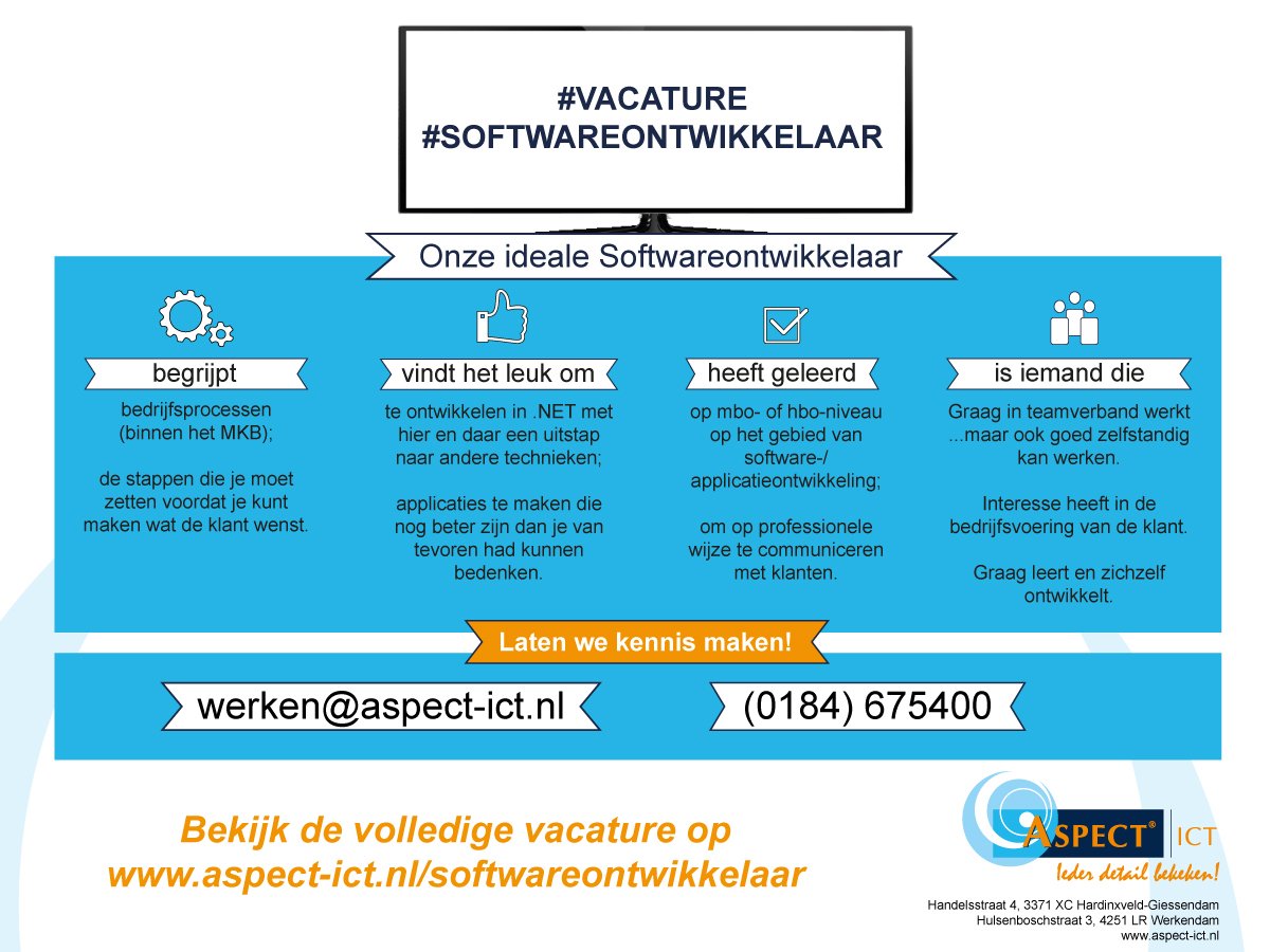 Aspect_ICT's tweet photo. Word jij onze nieuwe #Software #Ontwikkelaar? Bekijk de #vacature op: https://t.co/cO0jLNLEbh https://t.co/xOGgdbqFq0