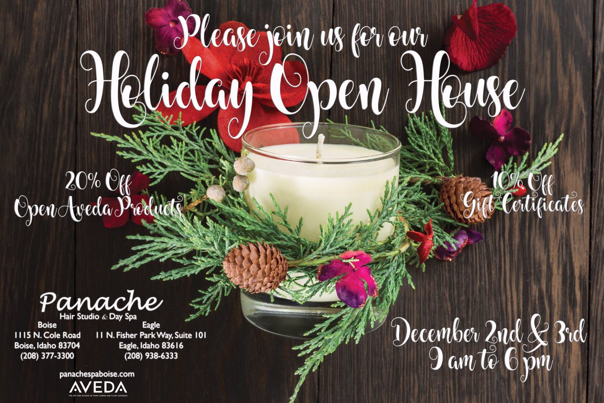 panachespaboise's tweet photo. Please join us for our Holiday Open House! Dec 2 &amp; 3. Can't wait to see you! #thisisboise #boise #boisesalon #boisespa https://t.co/0OHIabe5ll